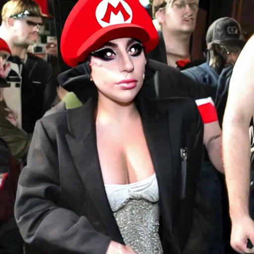 Image similar to lady gaga wearing a super mario hat