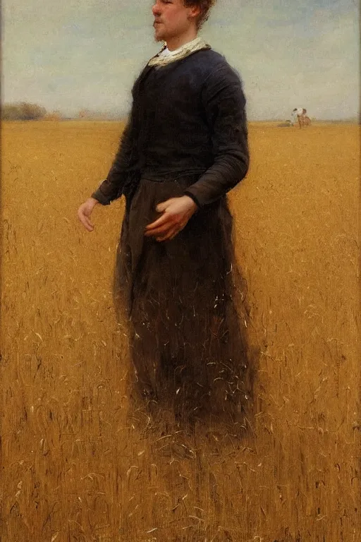 Prompt: Solomon Joseph Solomon and Richard Schmid and Jeremy Lipking victorian genre painting full length portrait painting of a young cottagecore walking in a wheat field, red background