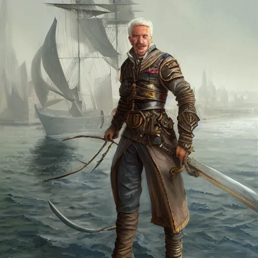 Image similar to grinning white male rogue on ship deck, naval background, fantasy, D&D 5e, 5th edition, portrait, highly detailed, digital painting, HD, artstation, concept art, matte, sharp focus, illustration, art by artgerm and greg rutkowski