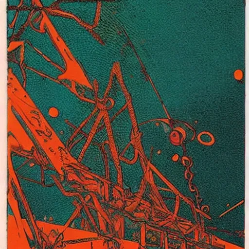 Image similar to a beautiful print. human technology that had become haunted, possessed by quick, gleaming cleverness. copper verdigris by al williamson daring, lush