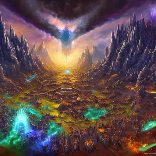 Image similar to an artistic depiction of the whole universe of world of warcraft, very detailed, high resolution, incredible art