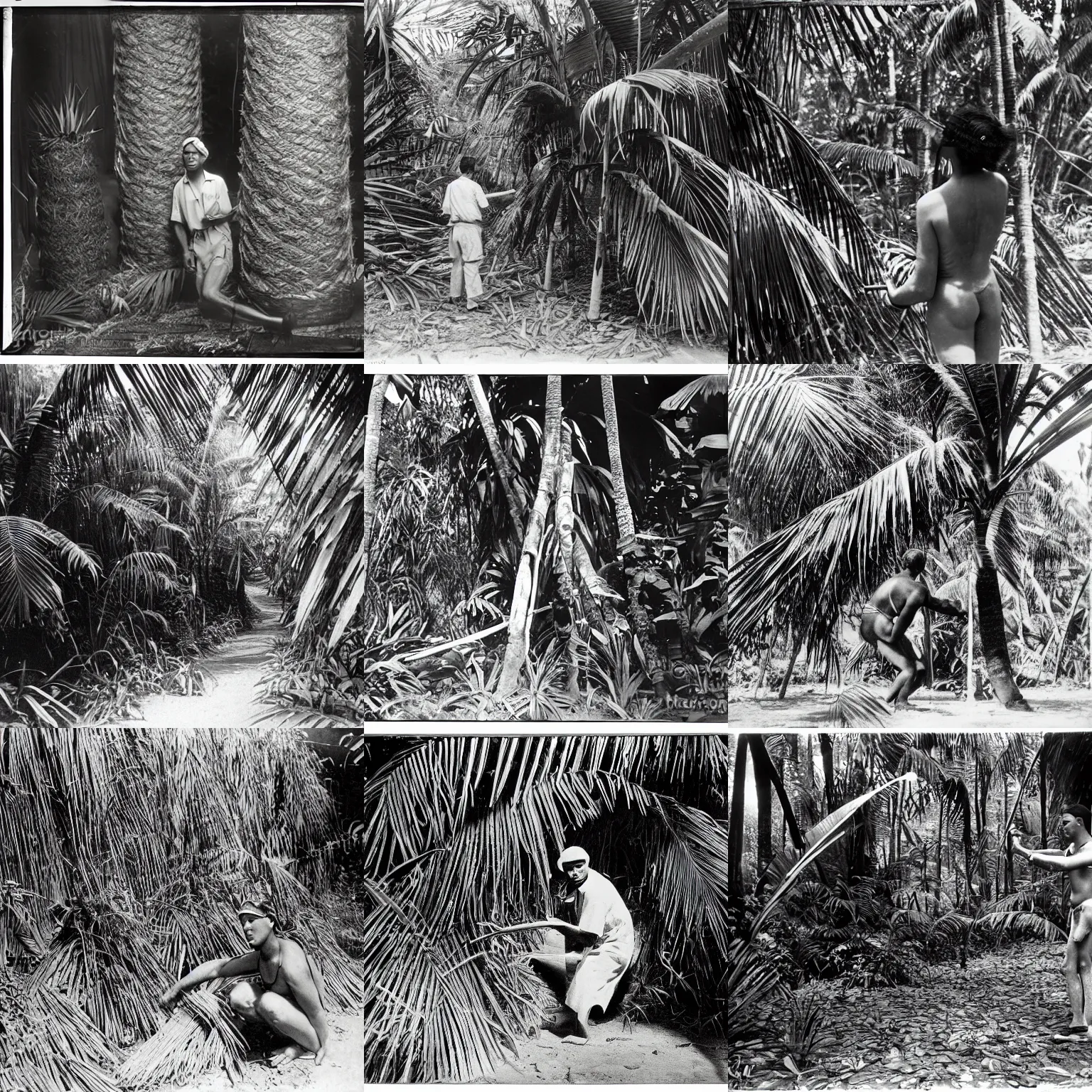 Prompt: lost film footage, pelote en paille de mais, xikrin, bresil, musee d ethongraphie geneve, tropical jungle, film still, cinematic, enhanced, 1 9 2 0 s, black and white, grain