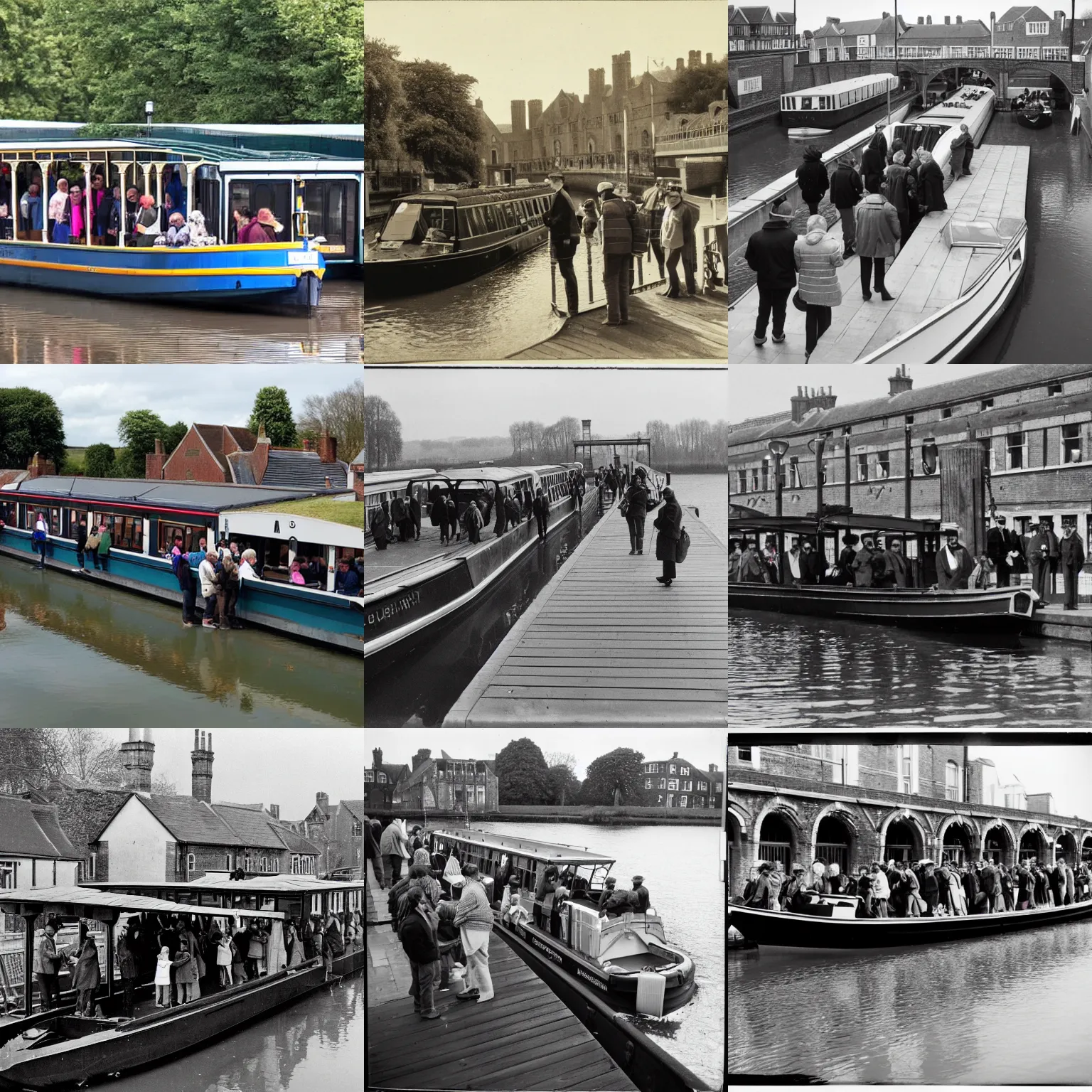 Prompt: a canal boat station platform, passengers boarding the next boat to canterbury