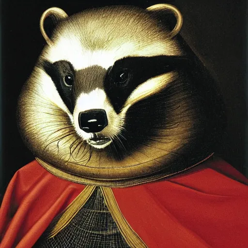 Prompt: a renaissance style portrait by Dali of an European badger wearing a crown and a cape, dark background