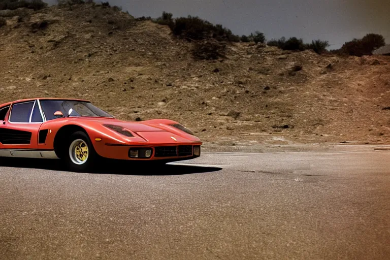 Image similar to stylized poser of a single 1975 Ferrari GTO, ektachrome photograph, volumetric lighting, f8 aperture, cinematic Eastman 5384 film