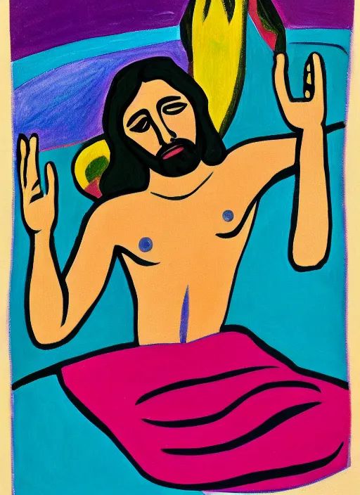 Image similar to painting of jesus praying seductively, 8 k cel shades, pivix, in the style of ernst ludwig kirchner