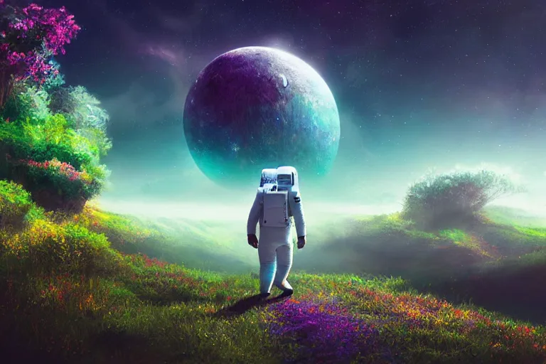 Image similar to Astronaut walking on a landscape of a beautiful enchanted fantasy world. Colorful. Cinematic lighting. Photorealism.