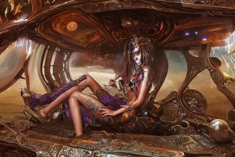 Image similar to a futuristic sci - fi neo - gypsy caravan, decorated polished wood, lace and velvet and silk material, volume light, hyper realistic highly detailed 4 k by karol bak