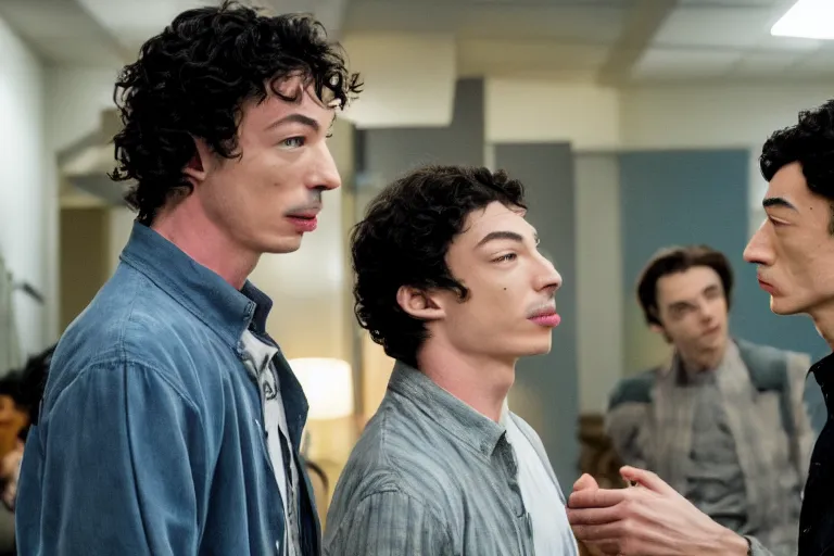 Prompt: Michael Keaton smacks Ezra miller for being naughty ultra realistic, 4K, movie still, UHD, sharp, cinematic