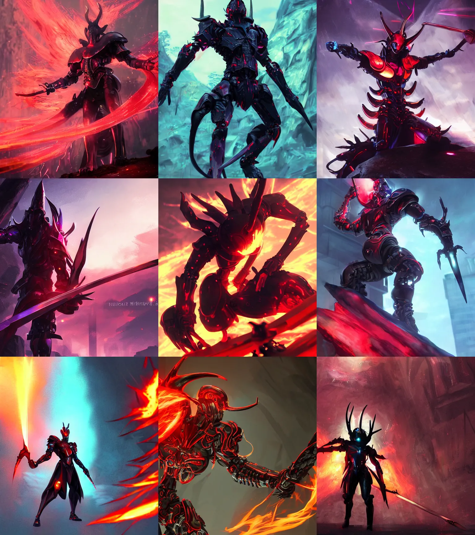 Prompt: powerful entity, body of red thick iridescent metal scales, ominous, cybernetic genius god, battle stance, action pose, brandishing sword, 3 d unreal concept artwork, obsidian gothic sharp antlers helmet, gritty, matte, fire, simple design, rich iridescent specular colors, makoto shinkai, greg rutkowski, colorful, bokeh, hd