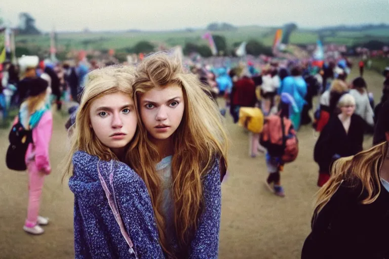 Prompt: candid photo of teenager girls first trip to Glastonbury, UK, Kodak Portra 200,8K,highly detailed: beautiful perspective closeup environmental portrait photo in style of 2000s retrofuturism, cinema lighting , by beksinski, photography fashion edition, tilt shift, highly detailed, focus on man ;blonde hair;blue eyes, clear eyes, soft lighting