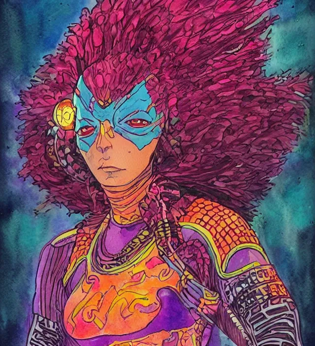 Image similar to a watercolor ink painting of female aztecian punk / raver using her mutant electrical powers in the style of jean giraud in the style of moebius trending on artstation deviantart pinterest detailed realistic hd 8 k high resolution