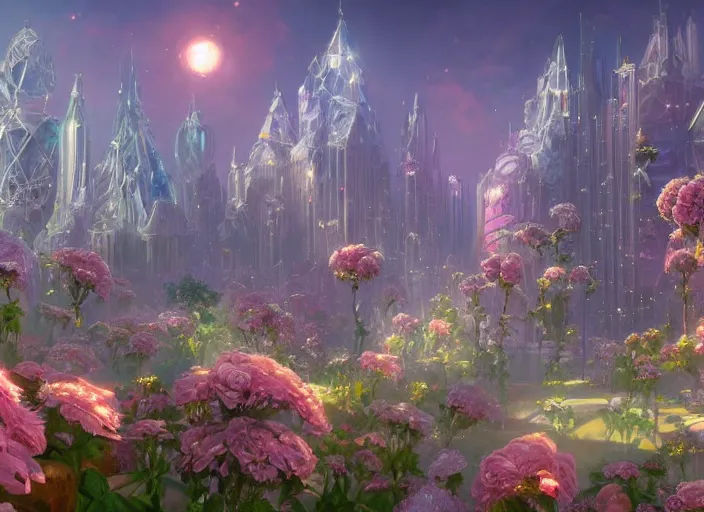 Image similar to shimmering crystal city made of diamond and rose quartz with gold decoration, sparkling in the sunlight, surrounded by flowers. trending on artstation, by tyler edlin.