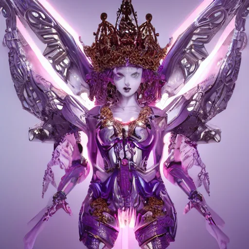 Image similar to cybernetic female angel queen head wearing shiny pink crown, subtle purple accents, hyper details, black metal rococo, sculpted by Alex Alice, Craig Mullins, yoji shinkawa, trending on artstation, beautifully lit, Peter mohrbacher, hyper detailed, elite, elegant, luxury, ray of light through smoke, CGsociety, hypermaximalist, golden ratio, neofuture, volumetric, octane render, weta digital, micro details, 3d sculpture