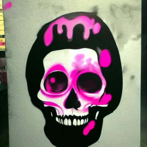 Image similar to a pink cartoon skull spray painted on a black background with dripping pink spray paint, three fourths view, graffiti, black background!!!!!