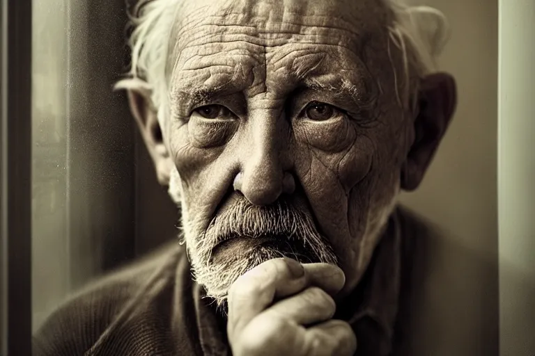 Prompt: a cinematic, close up portrait, of an old man, looking in the window, fantasy, dramatic, soft light, dreamy, facial features, detailed, deep focus, movie still, dramatic lighting, ray tracing, by hendrik kerstens and paolo roversi