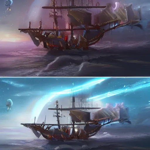 Image similar to pirate ship sailing through space with distant planets visible in the background no water, trending on artstation, ultra fine detailed, hyper detailed, hd, concept art, digital painting