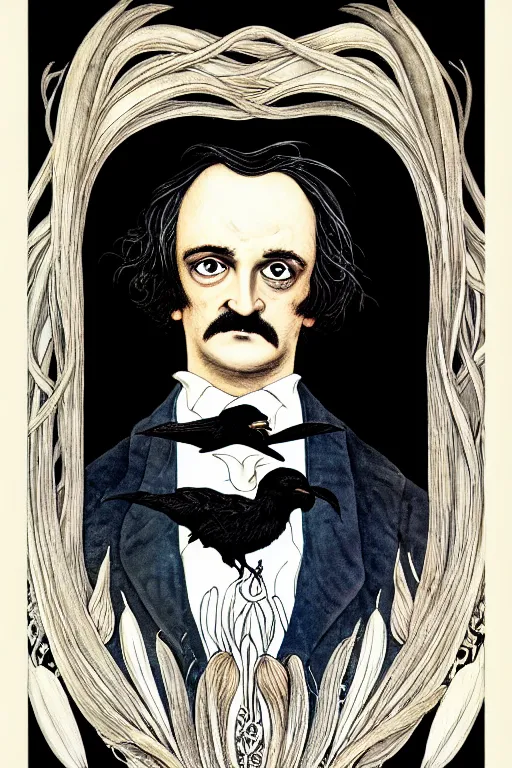 Image similar to realistic portrait of edgar allen poe in the center of an ornate white lily flower frame with ravens, detailed art by kay nielsen and walter crane, illustration style, watercolor