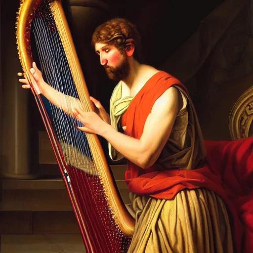 Image similar to detailed hyper - realistic painting of king david playing the harp