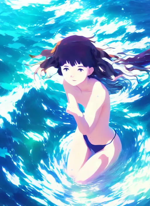 Prompt: portrait of a cute girl swimming in the ocean, illustration concept art anime key visual, very trippy and abstract, trending pixiv fanbox by wlop and greg rutkowski and makoto shinkai and studio ghibli and kyoto animation