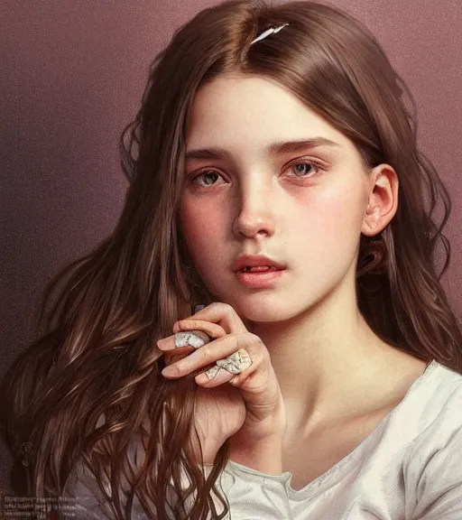 Image similar to ultra realistic illustration, portrait of 1 5 - year old girl with thick brown hair, large front teeth, and bright piercing brown eyes, intricate, elegant, highly detailed, digital painting, artstation, concept art, smooth, sharp focus, illustration, art by artgerm and greg rutkowski and alphonse mucha