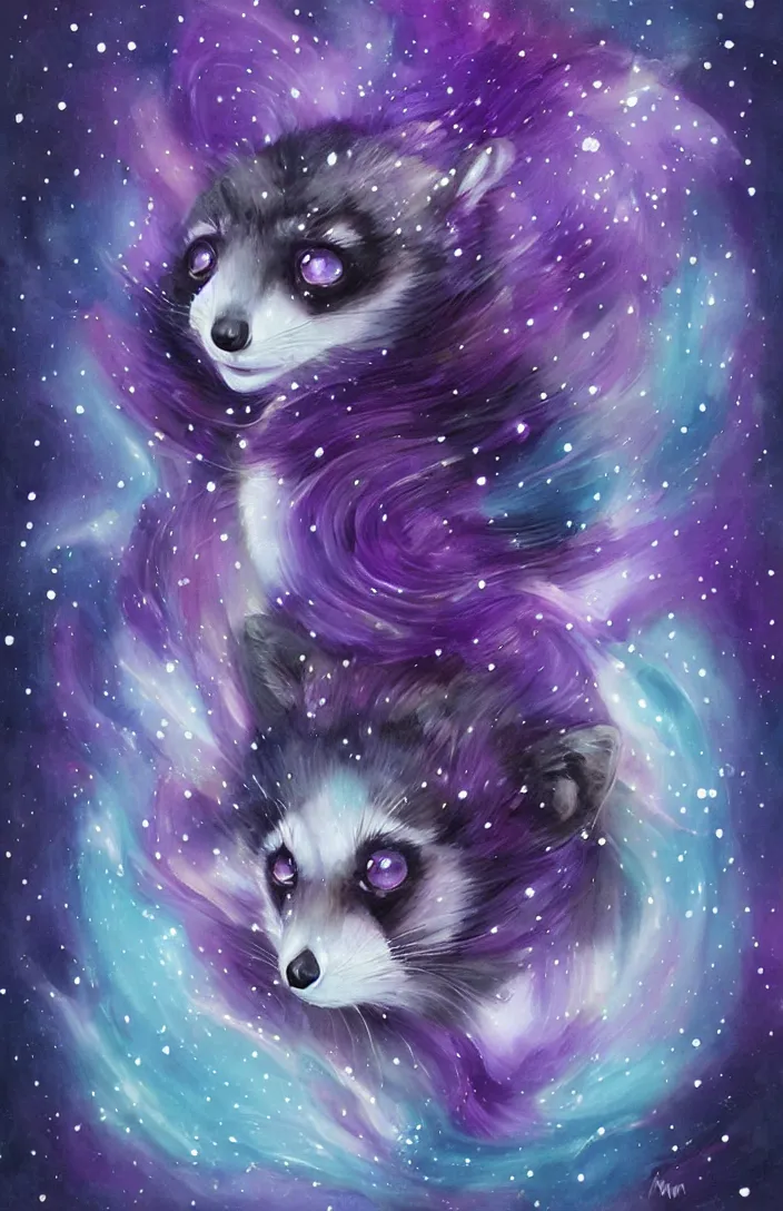 Image similar to purple raccoon in the stars in the style of Anna Dittman