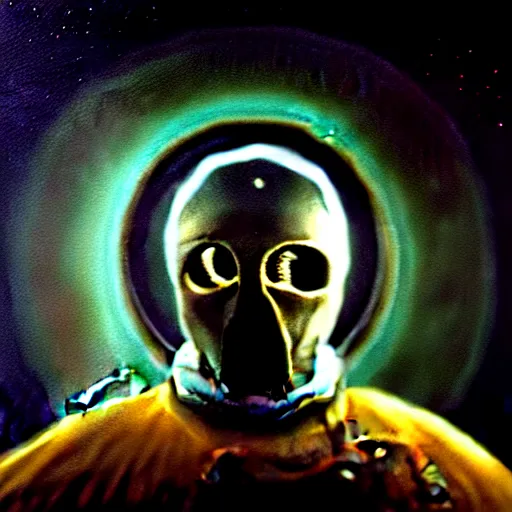 Prompt: full-body dark creepy baroque style oil painting realism a decapitated astronaut with futuristic elements. he welcomes you under with no head, empty helmet inside is occult mystical symbolism headless full-length view. standing on ancient altar eldritch energies lighting forming around disturbing frightening intricate renaissance, award winning digital illustration hyper realism, 8k, depth of field, 3D