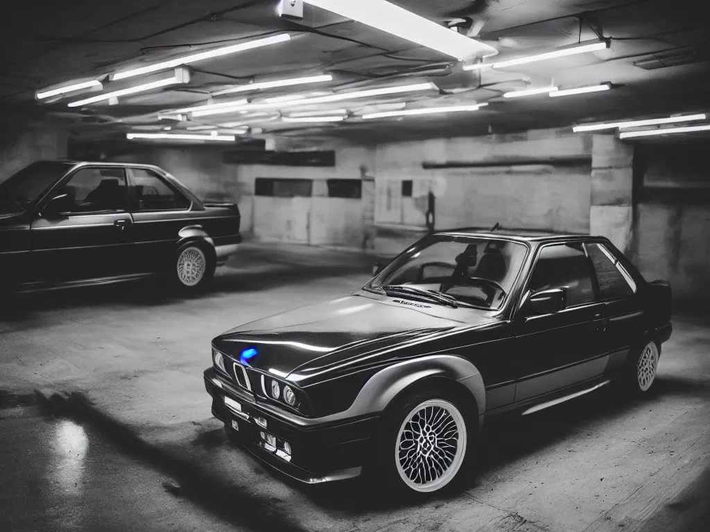 Image similar to a modified bmw e 3 0 with lights on in a futuristic neon parking garage, 3 5 mm photography, car photography, clean lines, realistic