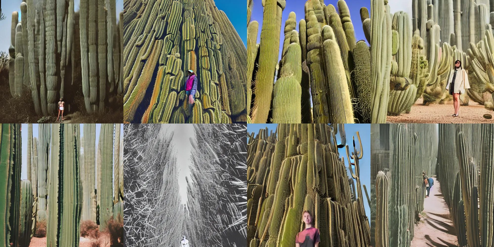 Prompt: low-angle photo of a person standing in front of tall cactus trees