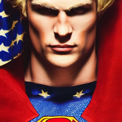 Prompt: portrait of blonde superman with blonde hair he is blinde and thin face lines, his cape is the american flag