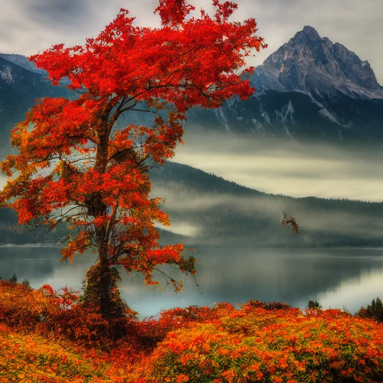 Prompt: a beautiful awesome artistic tree in the fall with falling flowers like leaves and many birds, all in the amazing outdoors view, mountain in the background, lake, long exposure, 8 k resolution, trending on artstation