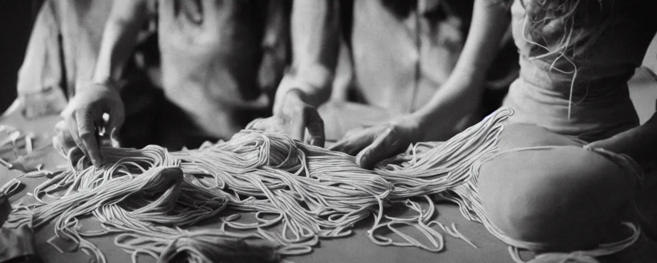 Prompt: a seamstress sewing a dress made of spaghetti, high detailed face, canon 5 0 mm, cinematic lighting, photography, retro, film, kodachrome, closeup