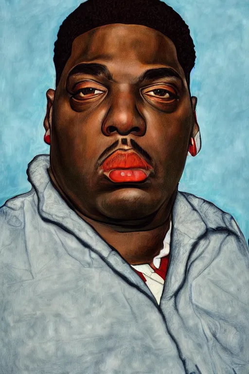 Prompt: a realistic portrait of biggie small in style of egon schiele, masterpiece, hyperdetailed, complex, intricate, 4 k, trending on artstation