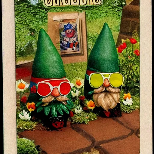 Image similar to collecting cards of undercover super garden gnomes and their magical attributes, borders,