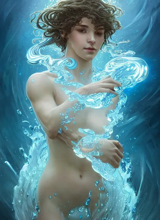 Prompt: a cute water elemental, with hands and hair turning into water, fantasy, intricate, elegant, highly detailed, digital painting, artstation, concept art, wallpaper, smooth, sharp focus, illustration, art by artgerm and greg rutkowski and alphonse mucha