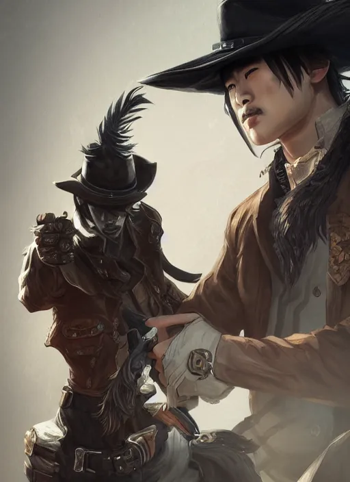 Image similar to a highly detailed illustration of korean man as cowboy wearing black cowboy hat, dramatic wielding gun pose, perfect face, intricate, elegant, highly detailed, centered, digital painting, artstation, concept art, smooth, sharp focus, league of legends concept art, wlop