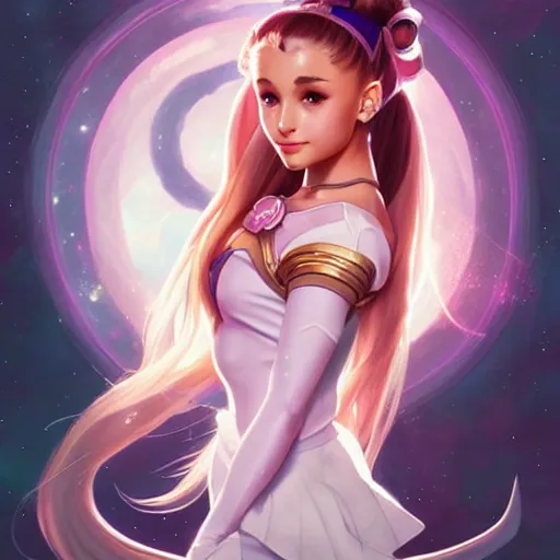 Image similar to ariana grande as sailor moon, fantasy, intricate, elegant, highly detailed, digital painting, artstation, concept art, matte, sharp focus, illustration, art by Artgerm and Greg Rutkowski and Alphonse Mucha