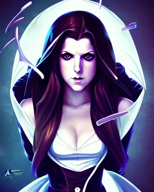 Prompt: beautiful Anna Kendrick Zatanna DC Comics floating, on stage, symmetrical face symmetrical eyes, smiling, modern anime, fantasy, eerie, intricate details, atmospheric, elegant, super highly detailed, professional digital painting, concept art, art by artgerm and eiichiro oda and koyoharu gotouge