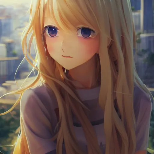 Prompt: a giant very beautiful anime girl, full body, long wavy blond hair, sky blue eyes, full round face, short smile, cute top, miniskirt, sitting on a miniature city, cinematic lightning, medium shot, mid-shot, highly detailed, trending on Artstation, Unreal Engine 4k, cinematic wallpaper by Stanley Artgerm Lau, WLOP, Rossdraws, James Jean, Andrei Riabovitchev, Marc Simonetti, and Sakimichan