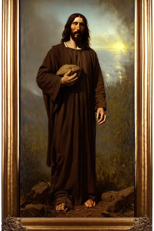 Image similar to photograph imax and solomon joseph solomon and richard schmid and jeremy lipking victorian loose genre loose painting full length portrait painting of jesus