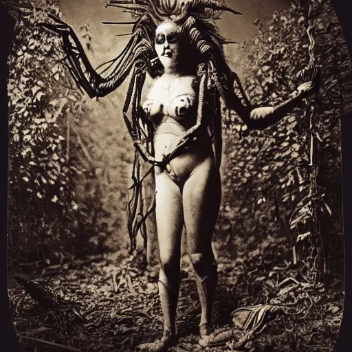 Image similar to 1860 photo of an old freak show spider-woman, on the middle of a forest, spooky , veins, arteries, intricate, golden ratio, full frame, elegant, highly detailed, ornate, ornament, sculpture, elegant , luxury, beautifully lit, ray trace, 3d, PBR