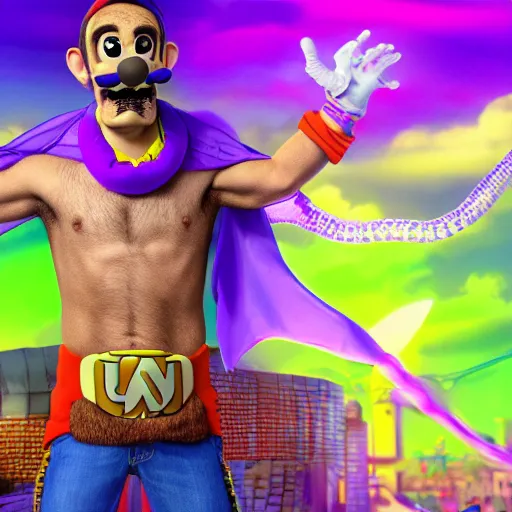 Image similar to highly detailed full body portrait of Waluigi wearing a mankini, digital art, concept art, character art, cinematic lightning, bright colors, intricate, masterpiece, photorealistic, hiperrealistic, sharp focus, high contrast, Artstation HQ, DeviantArt trending, 4k UHD, Unreal Engine 5