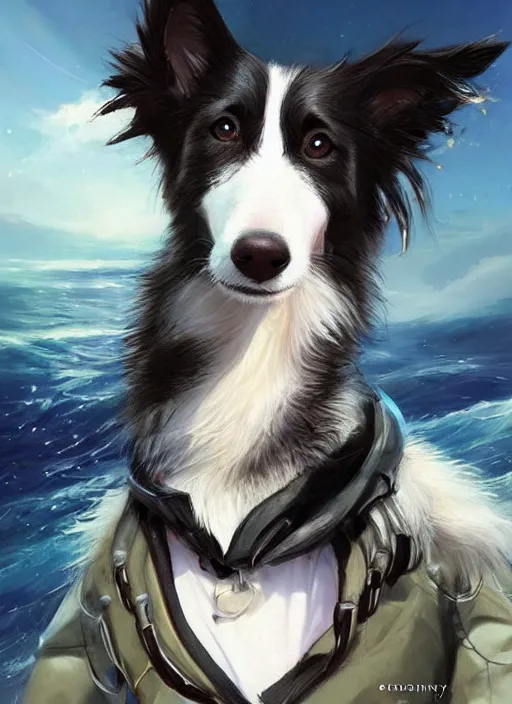 Image similar to beautiful portrait of a cute male anthropomorphic border collie fursona wearing a spacesuit in the ocean. by charlie bowater, henry asencio, and ross tran. scenic background, detailed, concept art, detailed hands, glamor pose, aesthetic, trending on artstation, top rated on furaffinity and deviantart