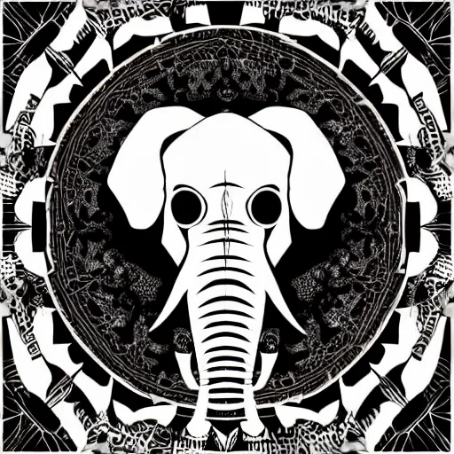 Prompt: a stylized elephant skull, geometric patterns, front view, black background, unreal engine, concept art, album cover, dry w