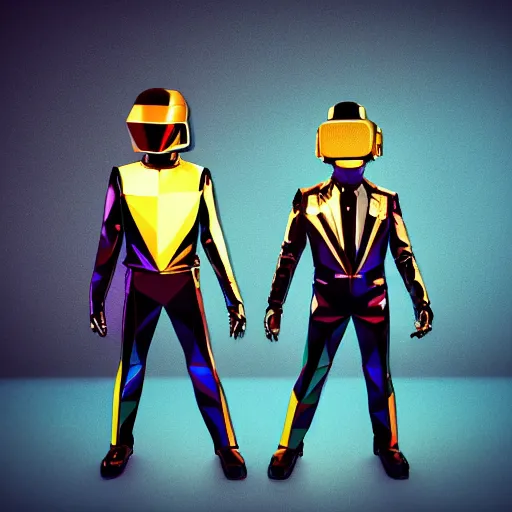 Image similar to headshot portrait of low-poly render 3D miniature daft punk kids standing back to back, twilight zone background, illustration, artgerm, octane render, inspired by Greg rutkowski, colorful, studio lighting, full body,