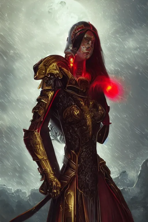 Prompt: portrait evilly knights of Zodiac girl, black and red reflected armor, in ruined Agora of Athens moon night and fire and heavy raindrop, ssci-fi, fantasy, intricate, very very beautiful, elegant, golden light, highly detailed, digital painting, artstation, concept art, smooth, sharp focus, illustration, art by tian zi and WLOP and alphonse mucha