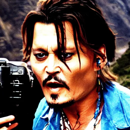 Image similar to johnny depp falling down a cliff with the camera pointing downwards at his face as you can see him scream while falling down the cliff, realistic, movie scene, dramatic, hdr, clear image,