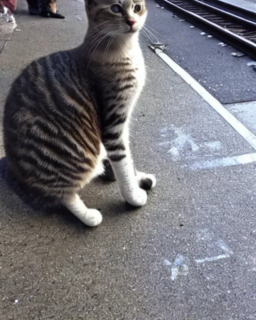 Prompt: cat standing up, cat standing on its hind legs, waiting for a subway train in new york city, as seen on reddit, photograph