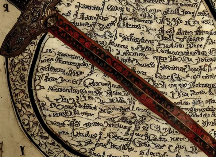 Image similar to close up of sword inlaid with a medieval map