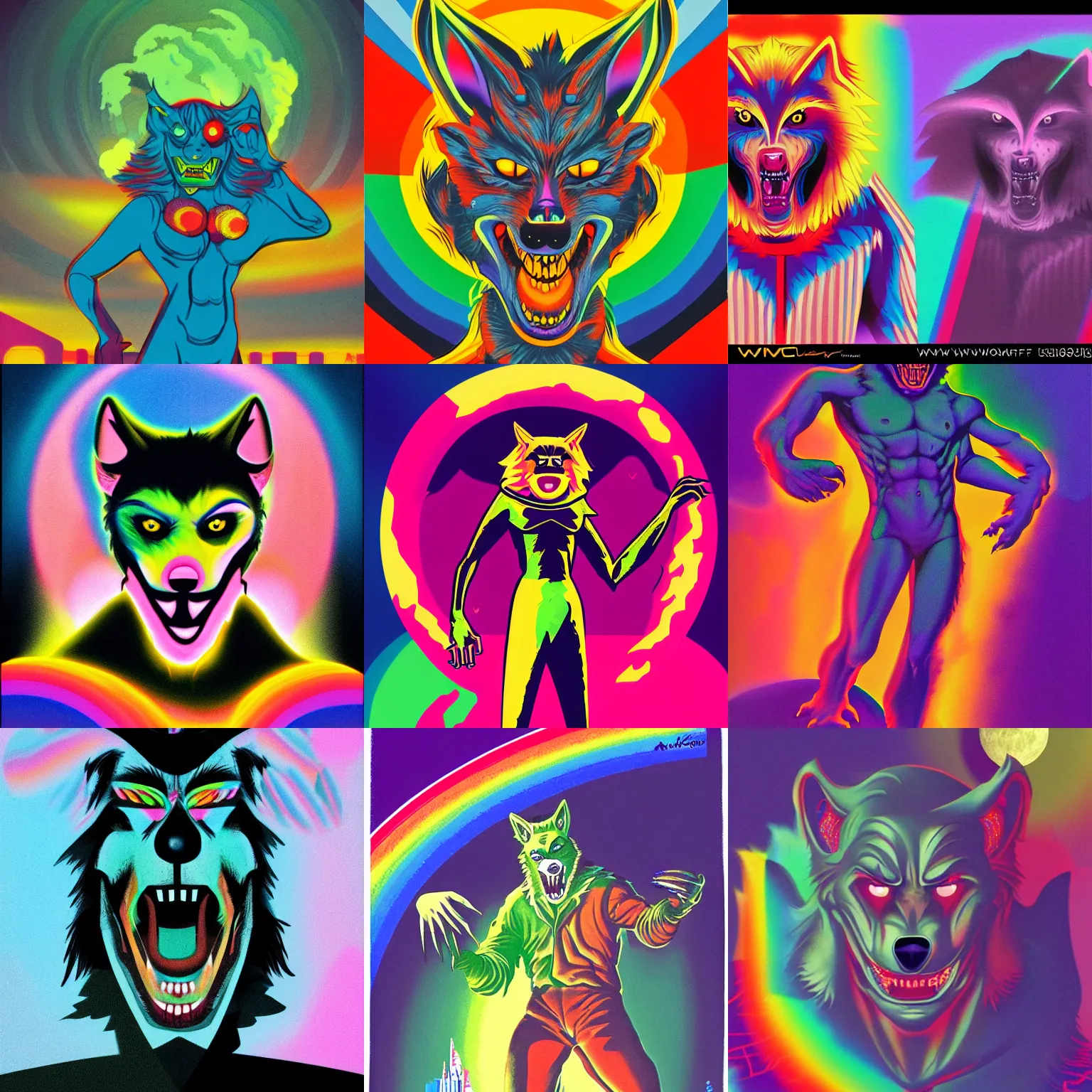 Prompt: a werewolf on acid, character design, concept art, 60's scifi, 80's retro, art deco, futurewave, no blur, rack focus, rainbow color scheme, diffuse lighting, depth of field